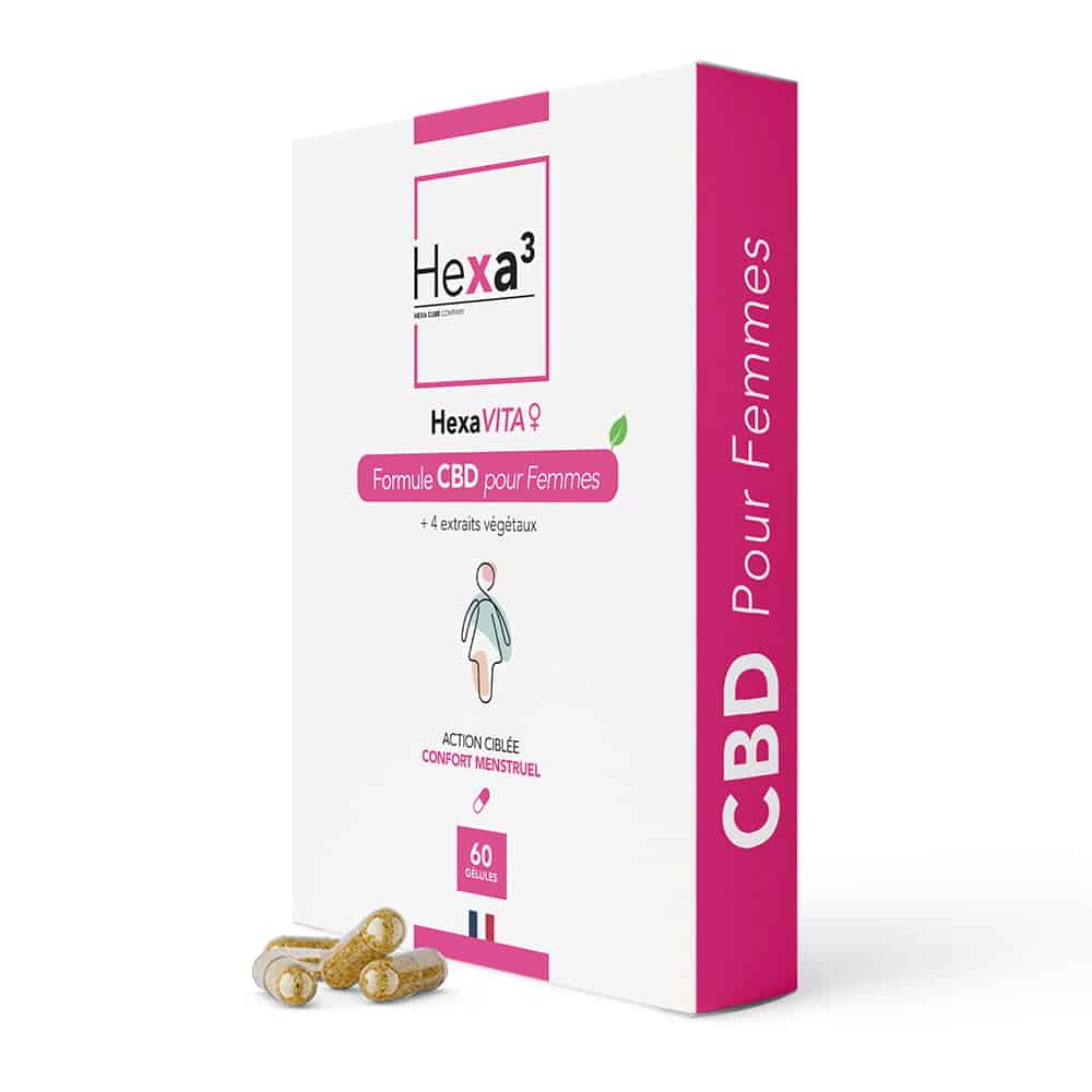 Box of cbd menstrual comfort capsules - 60-day formula to relieve menstrual pain.